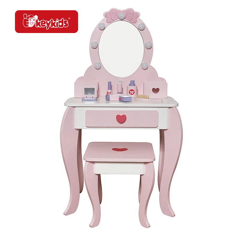 LED Illuminated Wooden Kids Makeup Dressing Table Set - Pretend Play Makeup Table with Mirror & Cosmetics Accessories W08H223